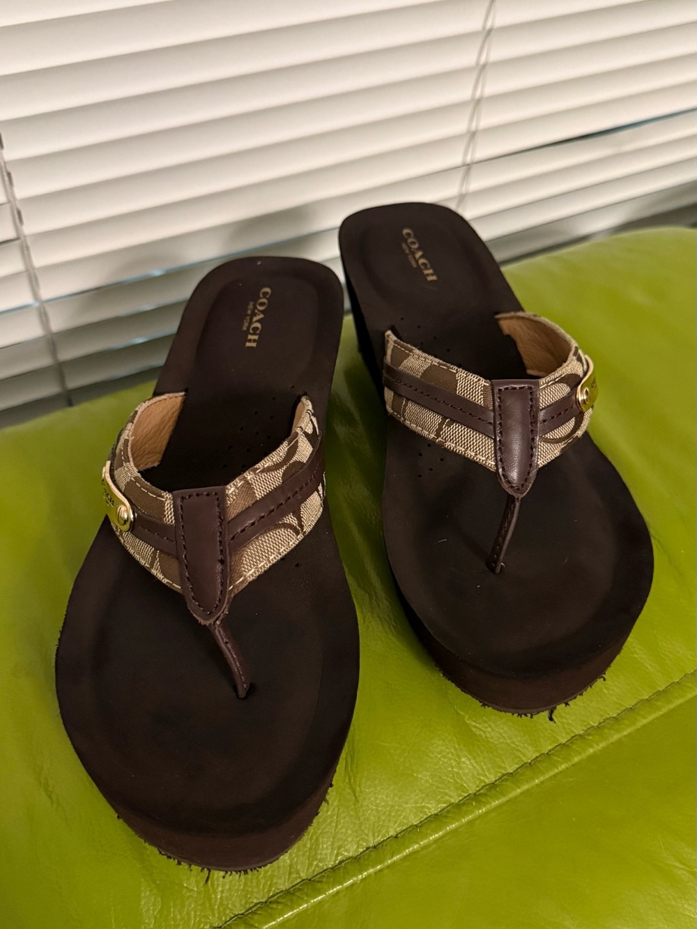 Coach Brown Signature Canvas Thong Sandals with Gold Accent
